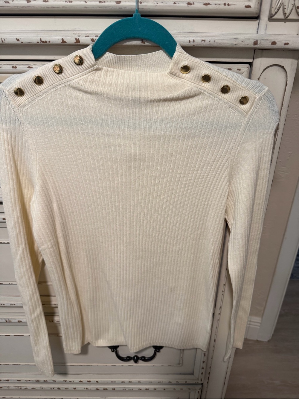 Talbots Cream Ribbed Long-Sleeve Top with Gold Shoulder Buttons